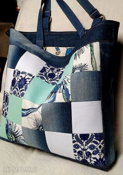 Duża torba na ramię z recyklingu jeansu - patchwork i 4 kieszonki