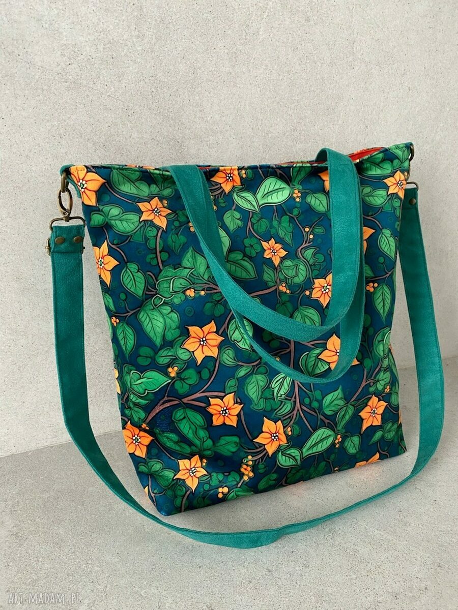 Duża torba na ramię z weluru - print botaniczny liście i kwiaty
