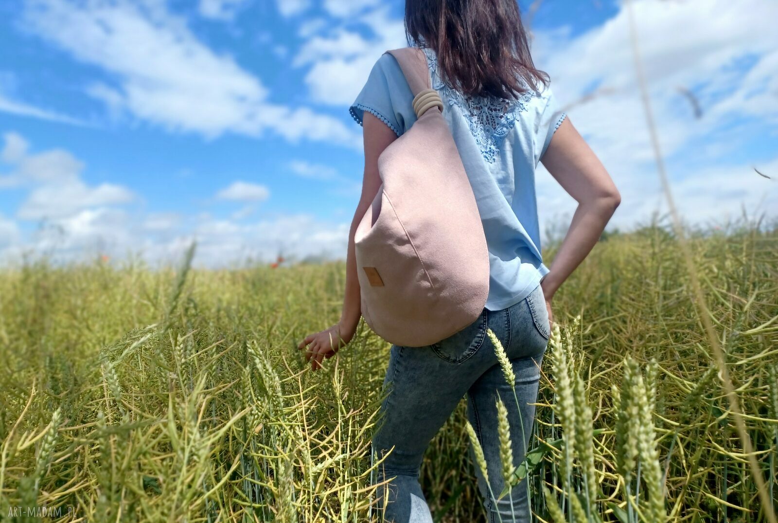 Duża torba worek Boho w pudrowym różu - handmade