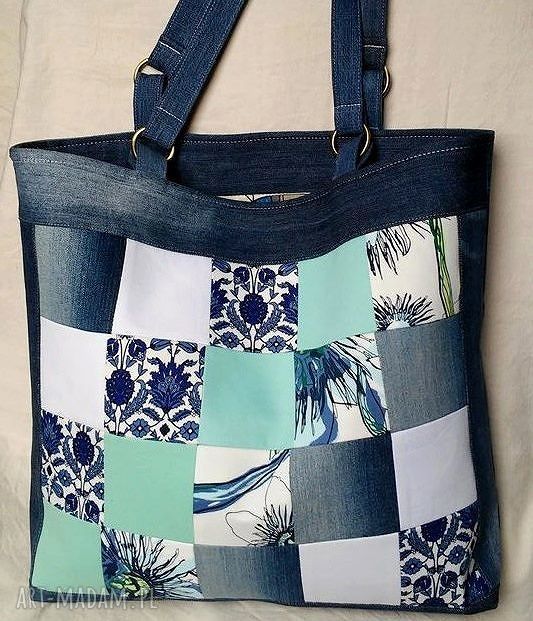 Duża torba na ramię z recyklingu jeansu - patchwork i 4 kieszonki