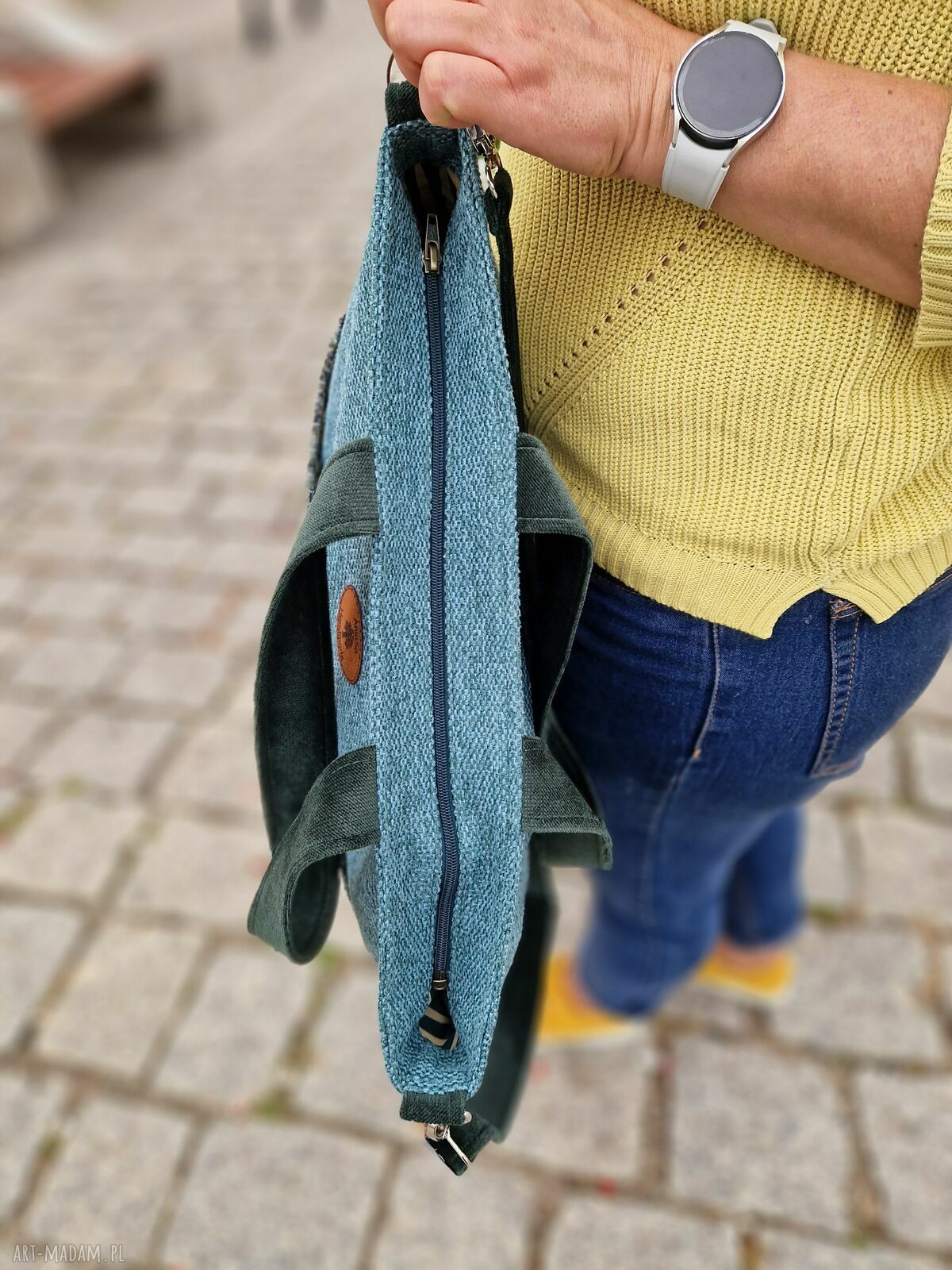 Duża zielona torba damska na ramię z tkaniny tapicerskiej