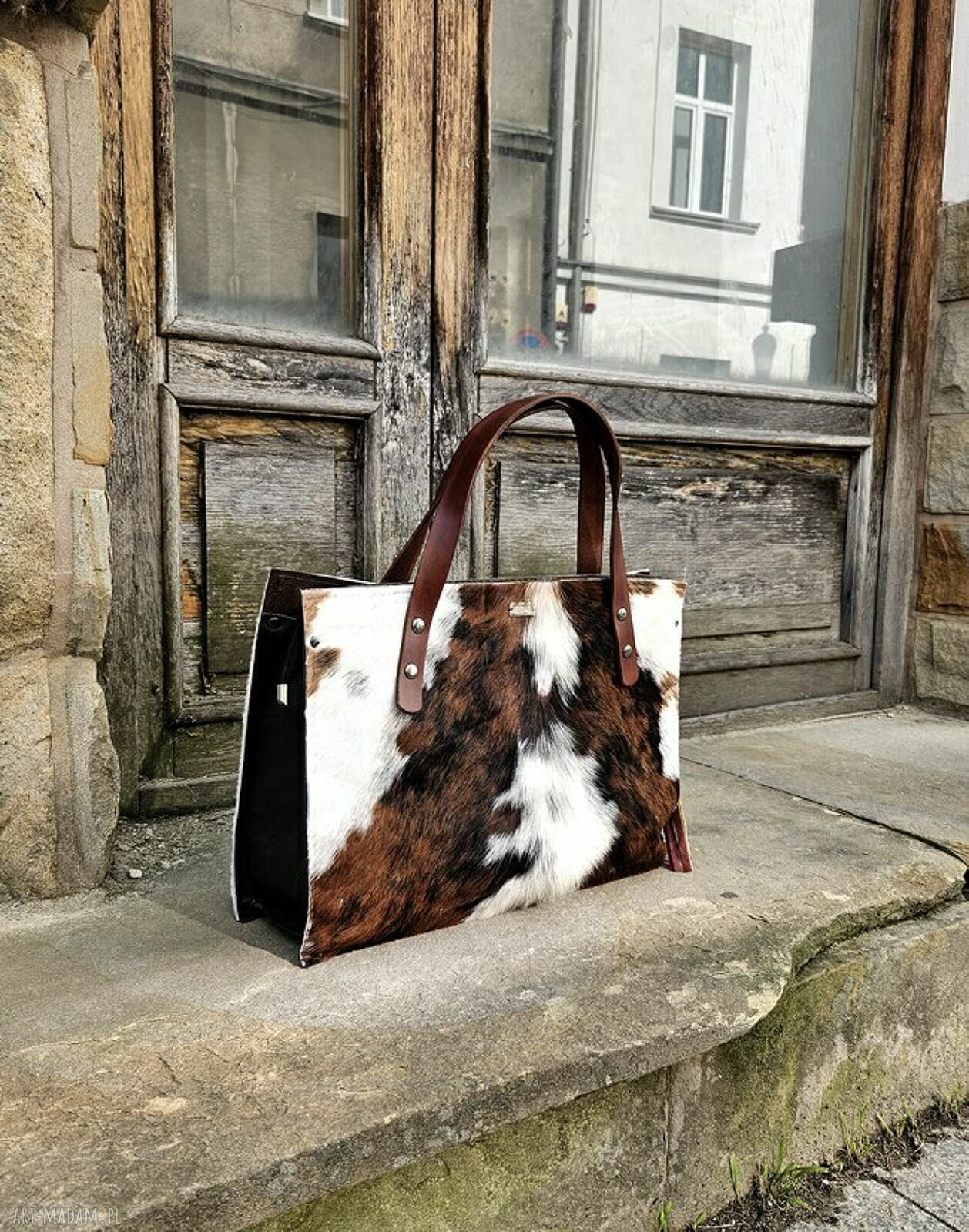Duża torba shopperka ze skóry naturalnej i futra w krowie łaty