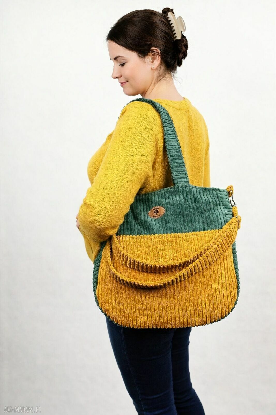 Duża torba na ramię handmade - butelkowa zieleń i musztarda