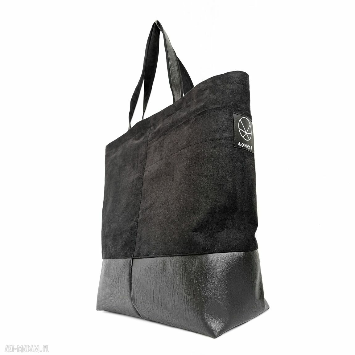 Duża torba shopper na ramię - eko zamsz i eko skóra (czarna)