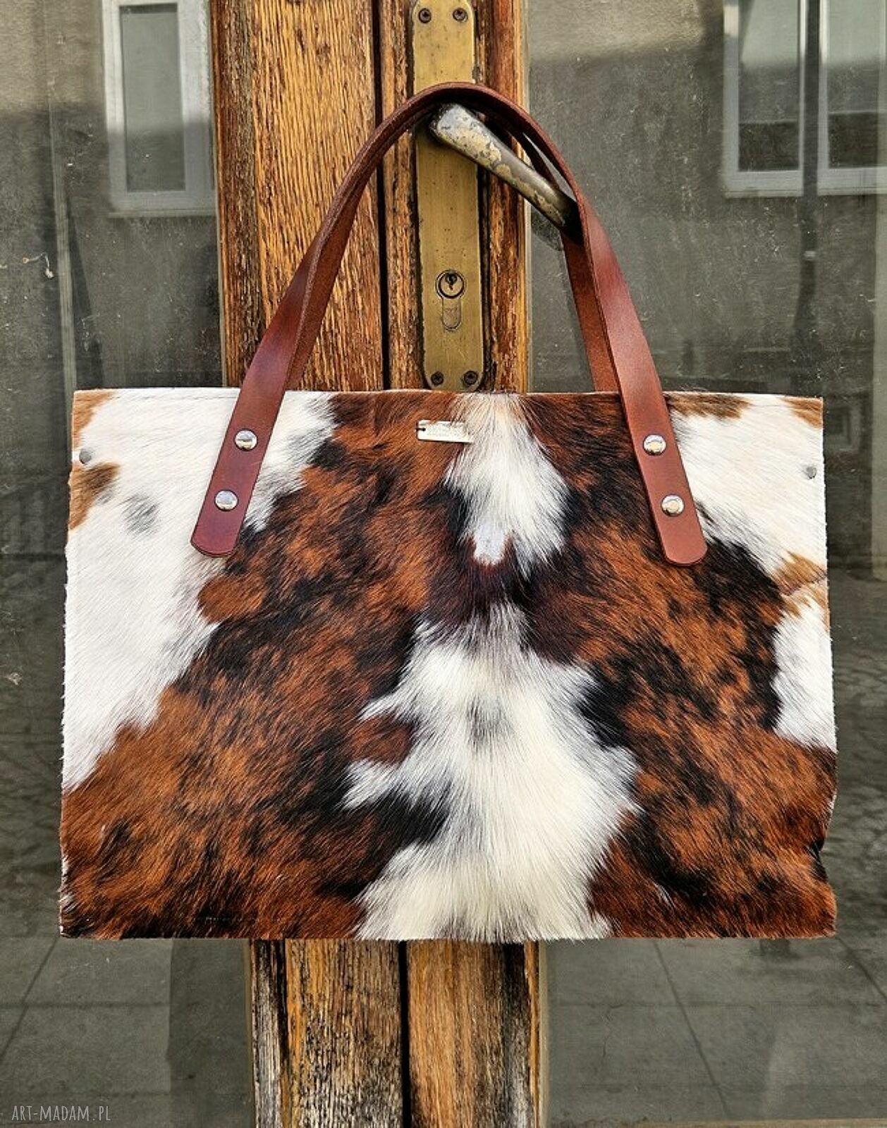 Duża torba shopperka ze skóry naturalnej i futra w krowie łaty