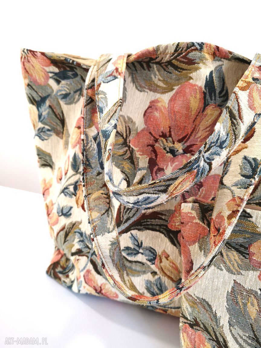 Duża torba z tkaniny gobelin na ramię - kwiaty i kosmetyczka handmade