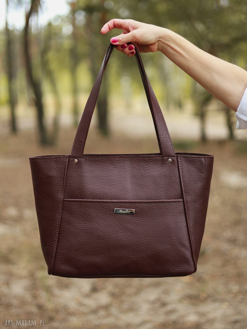 Duża torba ze skóry naturalnej w głębokim bordo - shopperka na ramię Musslico