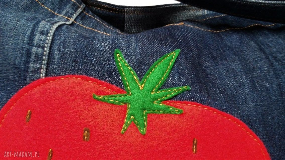 Duża torba shopper z recyklingu jeansu z truskawką