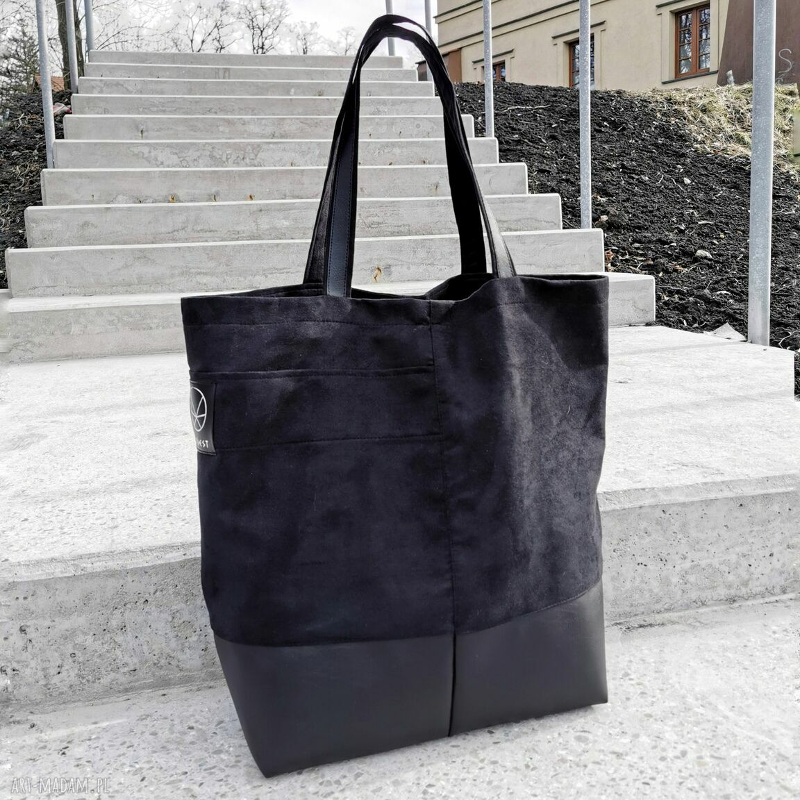 Duża torba shopper na ramię - eko zamsz i eko skóra (czarna)