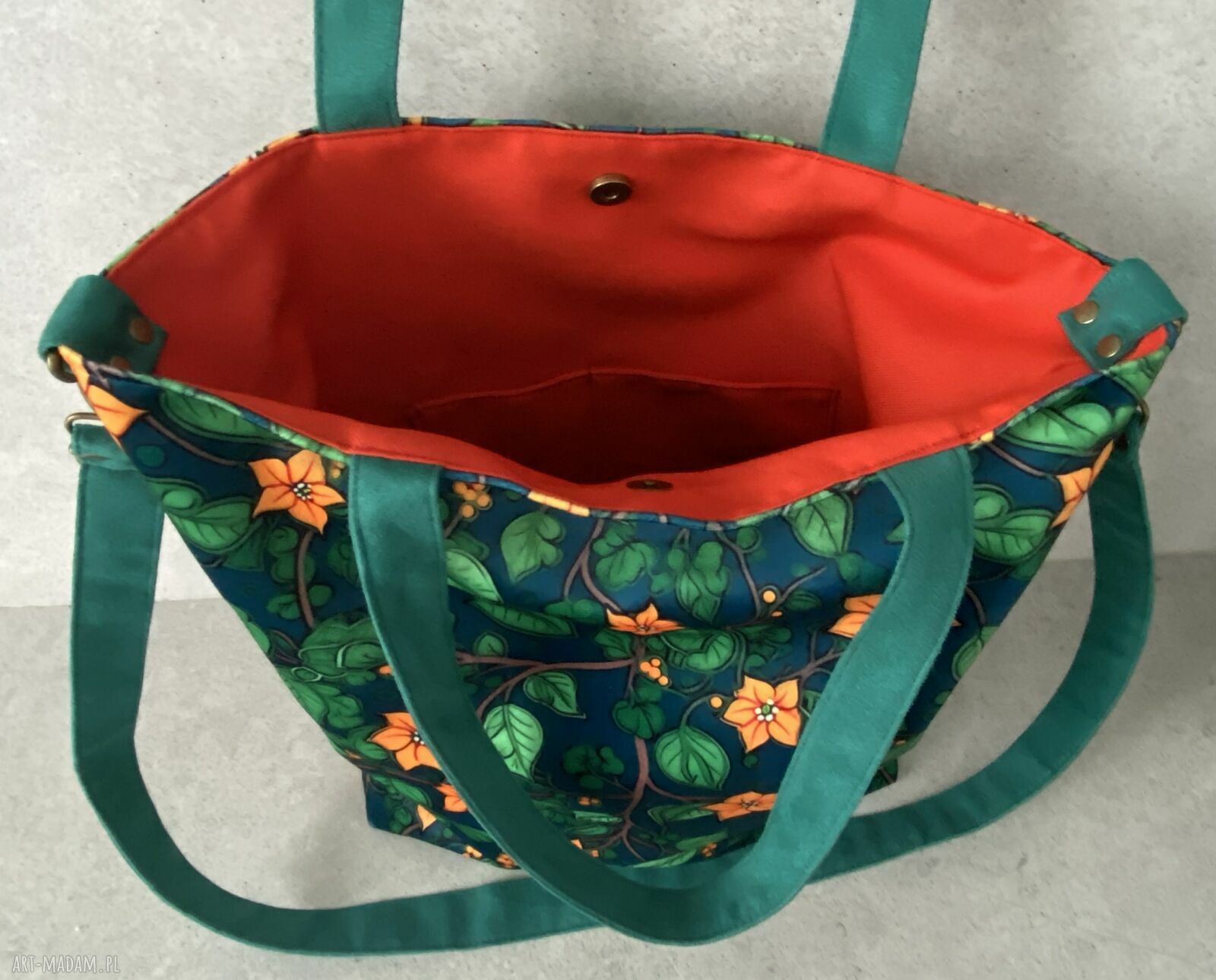 Duża torba na ramię z weluru - print botaniczny liście i kwiaty