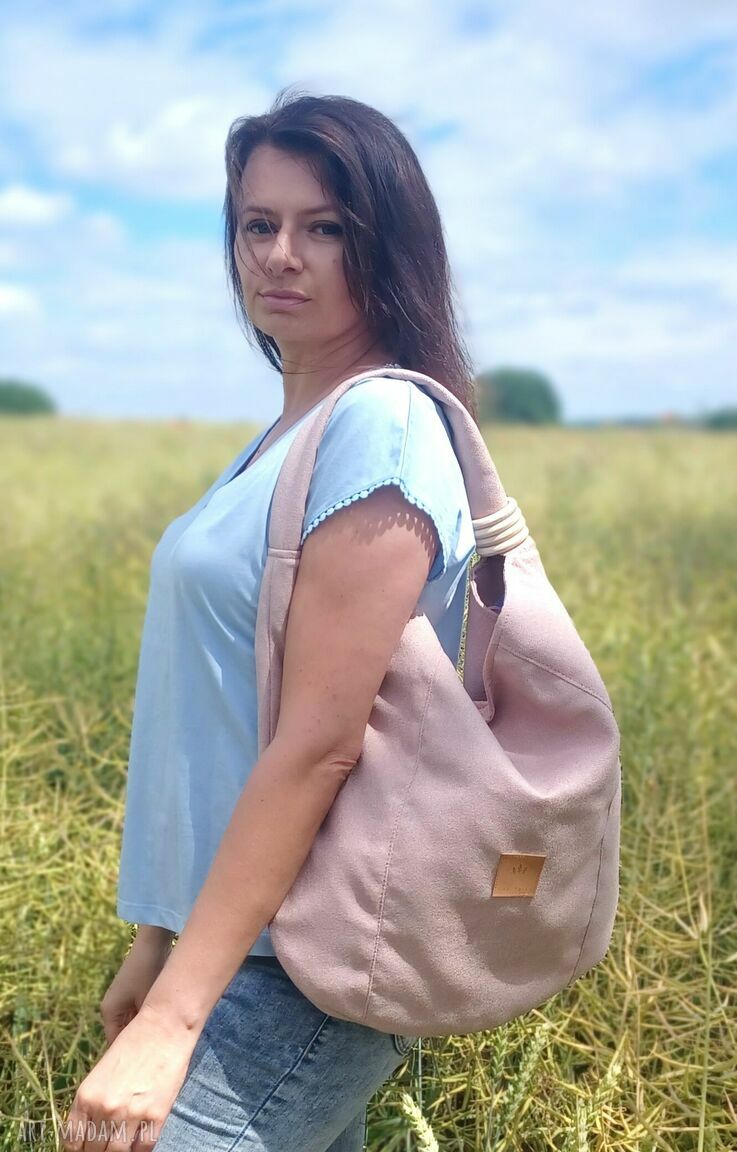 Duża torba worek Boho w pudrowym różu - handmade