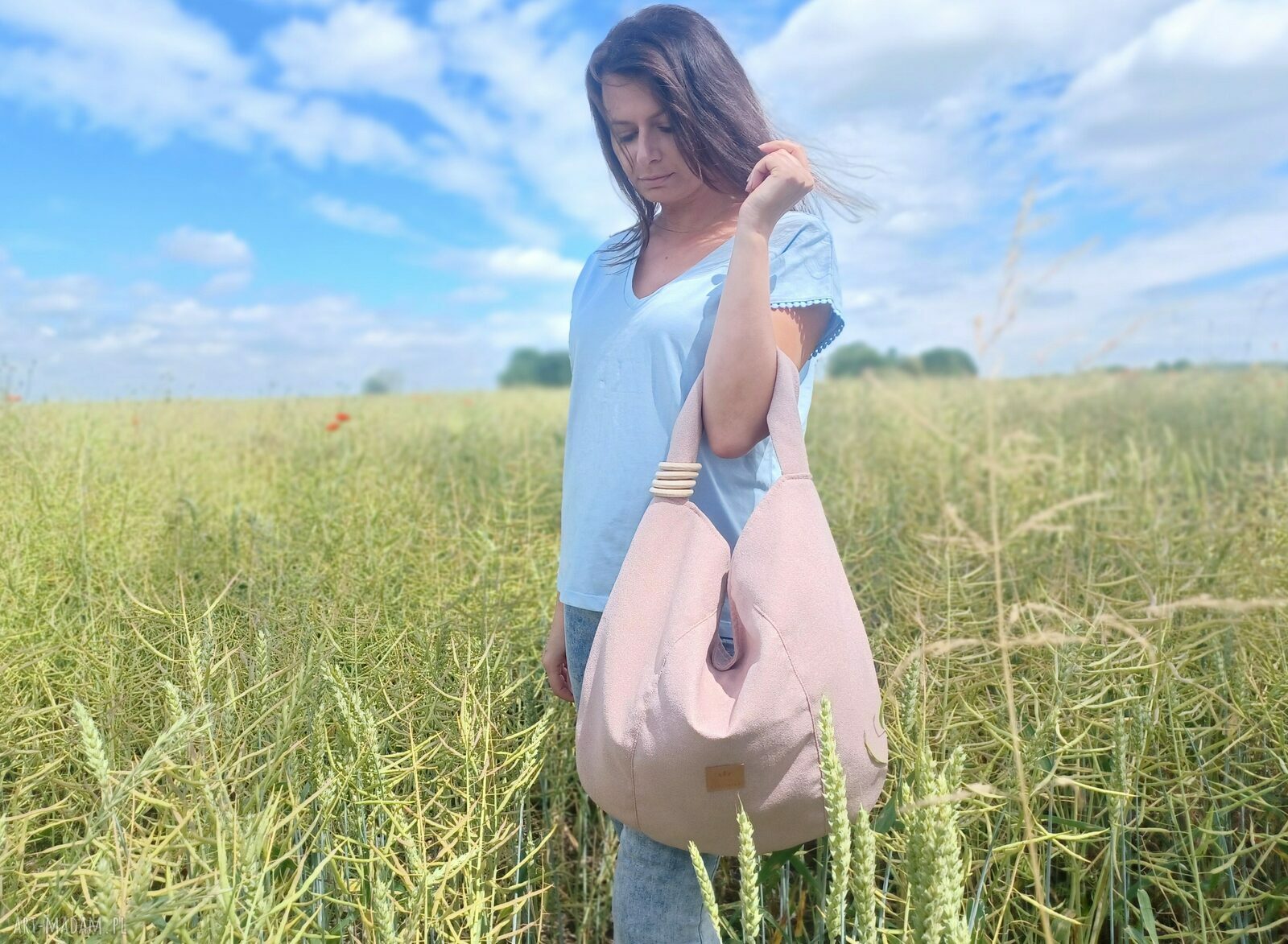 Duża torba worek Boho w pudrowym różu - handmade