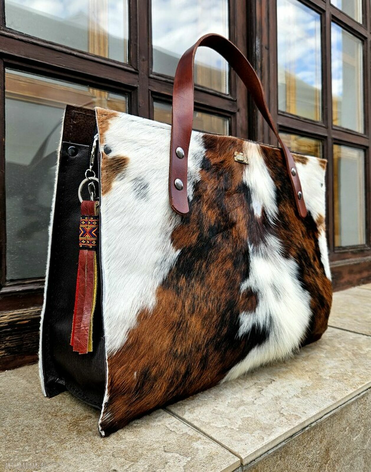 Duża torba shopperka ze skóry naturalnej i futra w krowie łaty