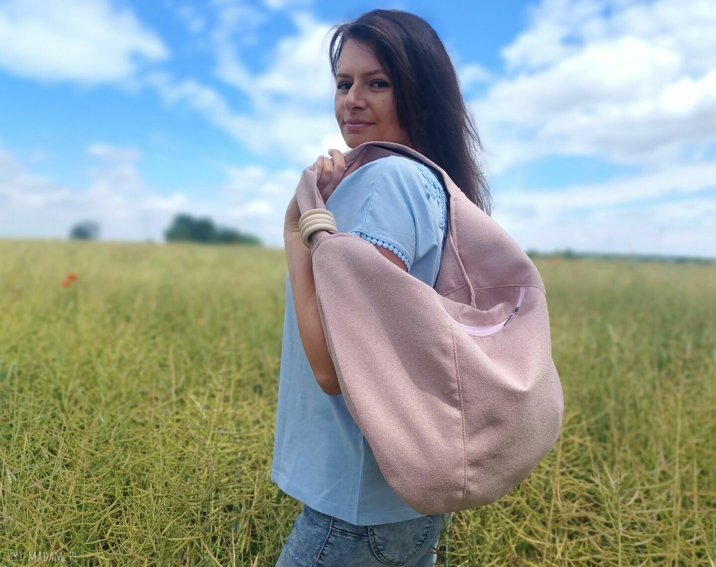 Duża torba worek Boho w pudrowym różu - handmade