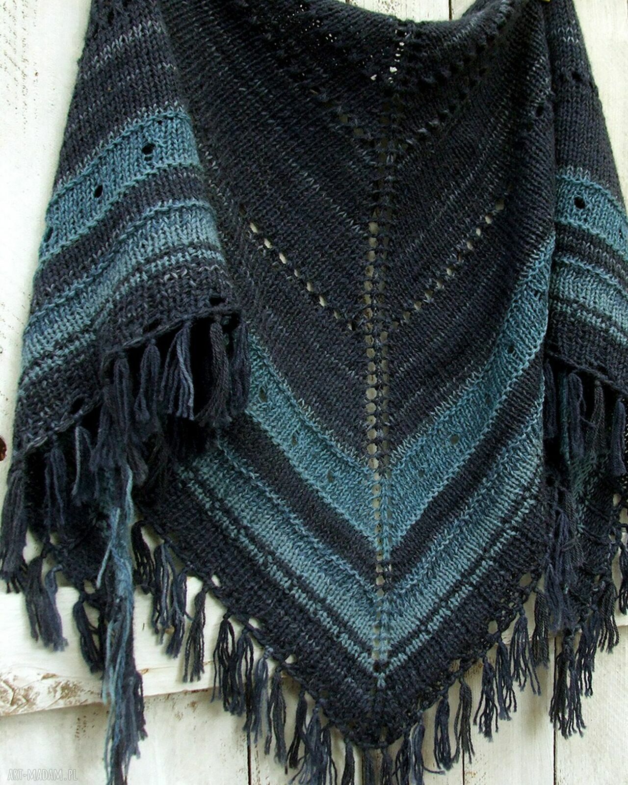 Duża wełniana chusta z frędzlami Navy Blue - ręcznie robiona z alpaki i wełny