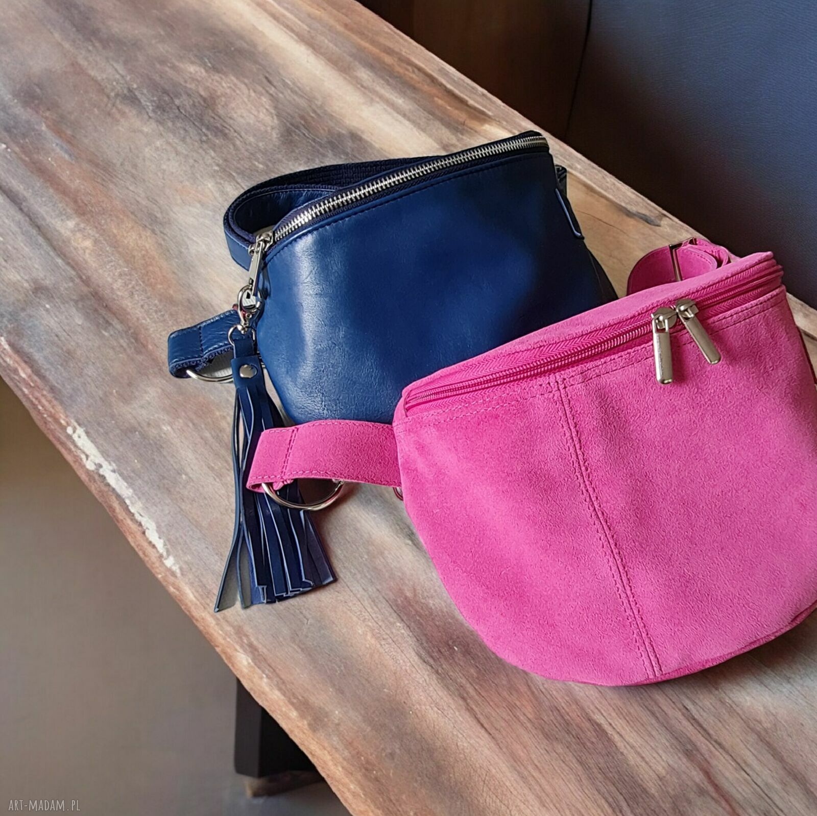 Duża zamszowa nerka fuksja - skóra naturalna (belt bag)