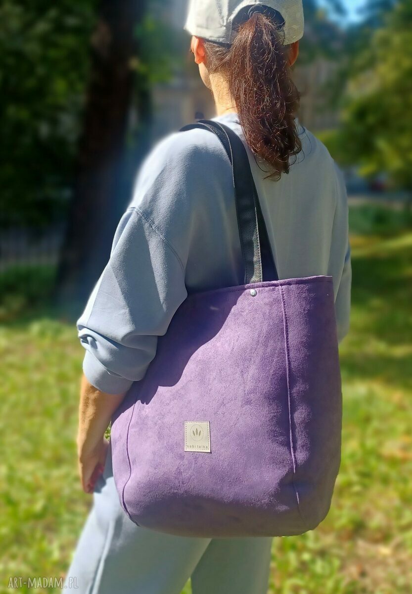 Duża zamszowa torba shopper fioletowa na ramię