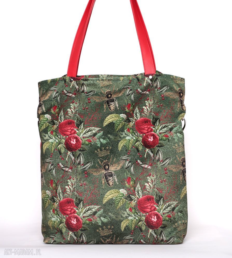 Duża zielona torba w kwiaty i pszczoły - handmade do pracy, na uczelnię i na zakupy