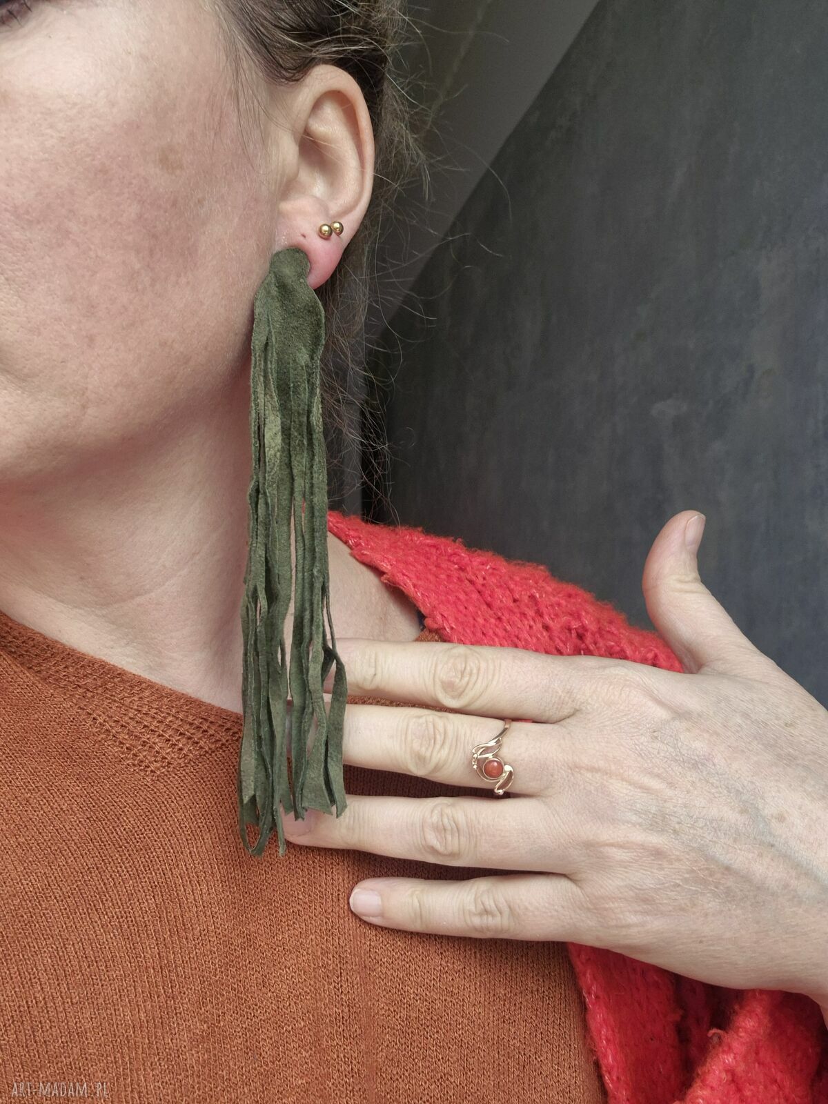 Duże, lekkie klipsy zamszowe boho brąz i zieleń - Ruda Klara