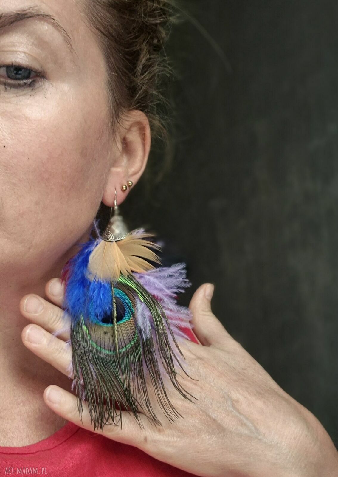 Duże kolczyki z piórami Ruda Klara - elegancki boho look