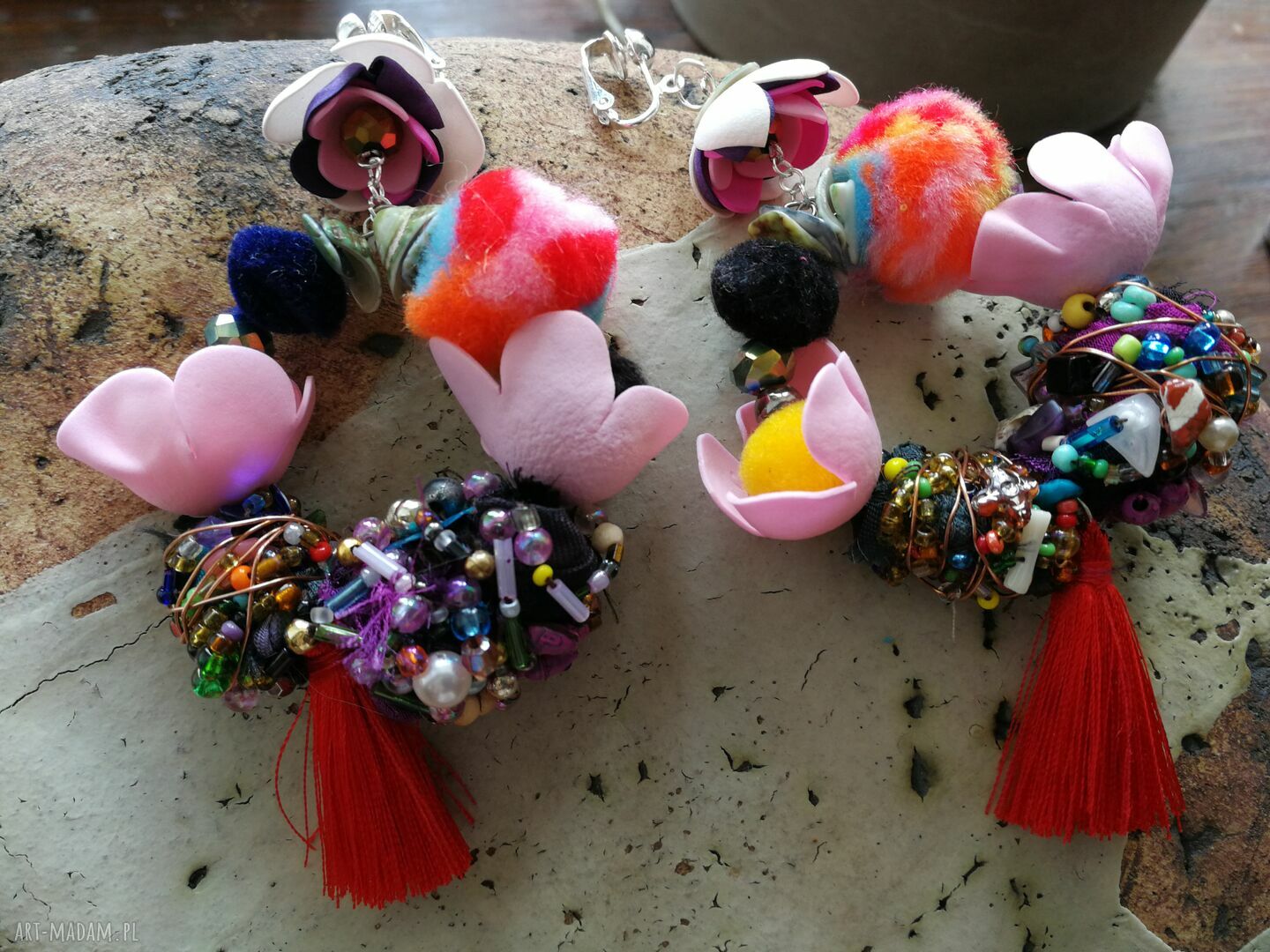 Duże klipsy etno boho „Koła” - handmade, kolorowe i odważne