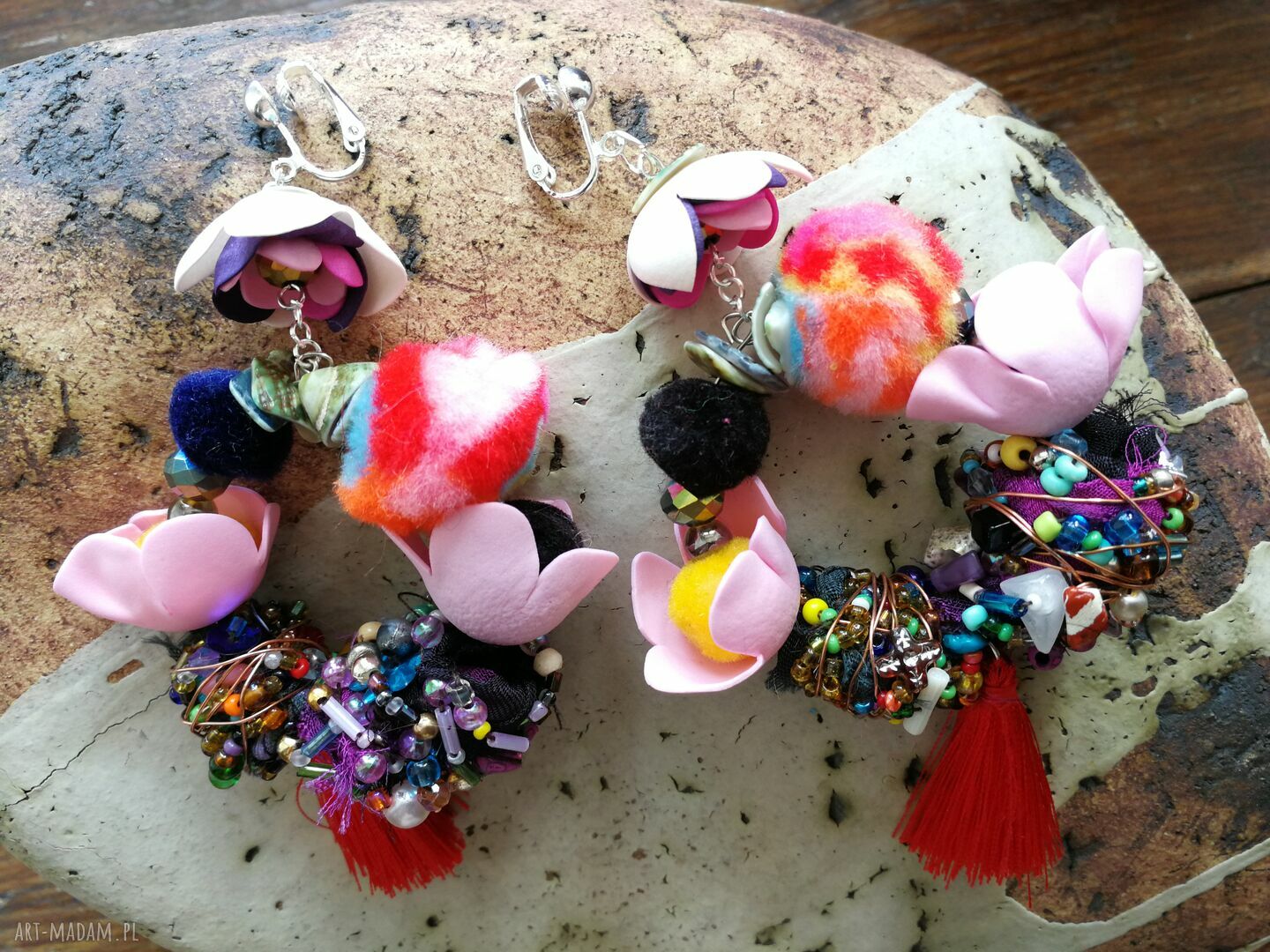 Duże klipsy etno boho „Koła” - handmade, kolorowe i odważne
