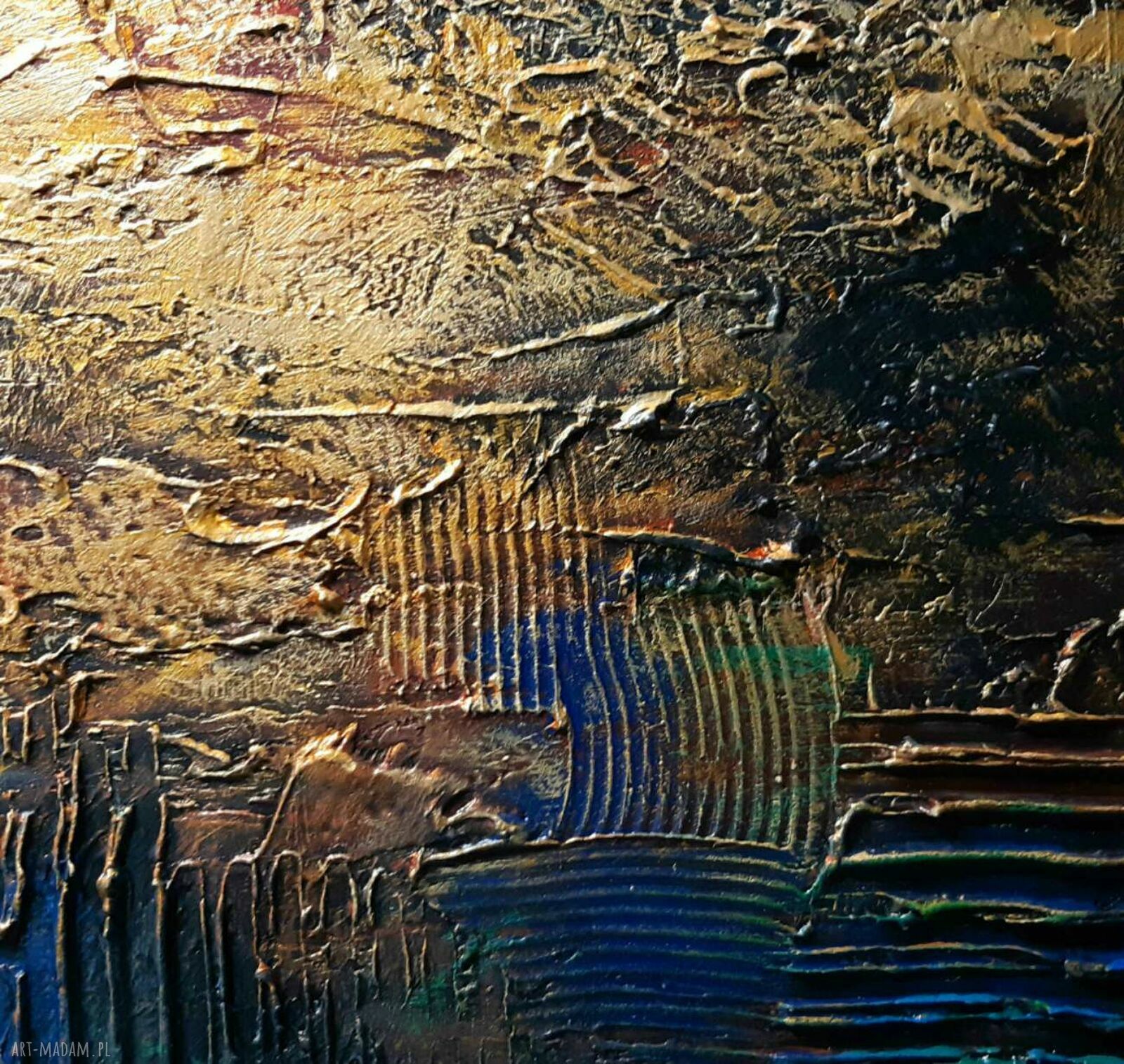 Duży obraz strukturalny 100x150 cm na płótnie - niebiesko-złota abstrakcja na pustą ścianę