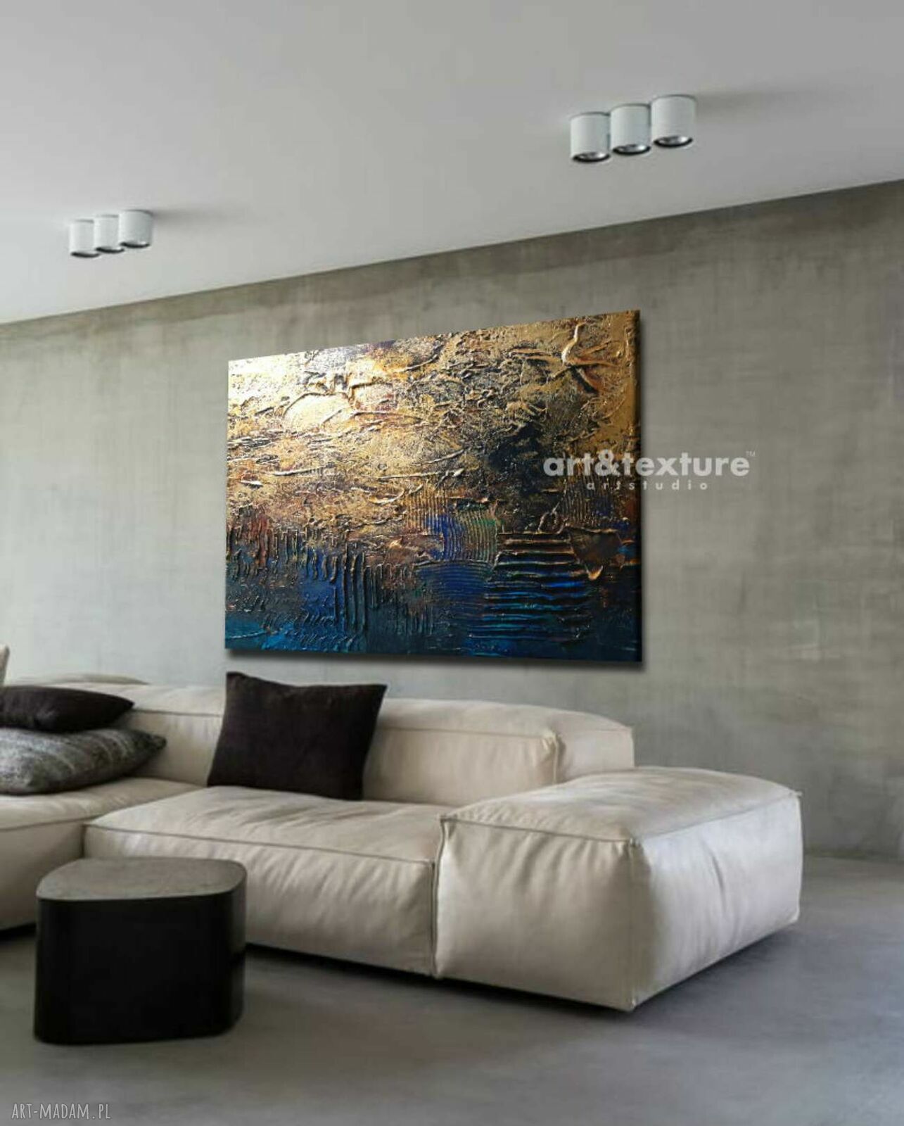 Duży obraz strukturalny 100x150 cm na płótnie - niebiesko-złota abstrakcja na pustą ścianę