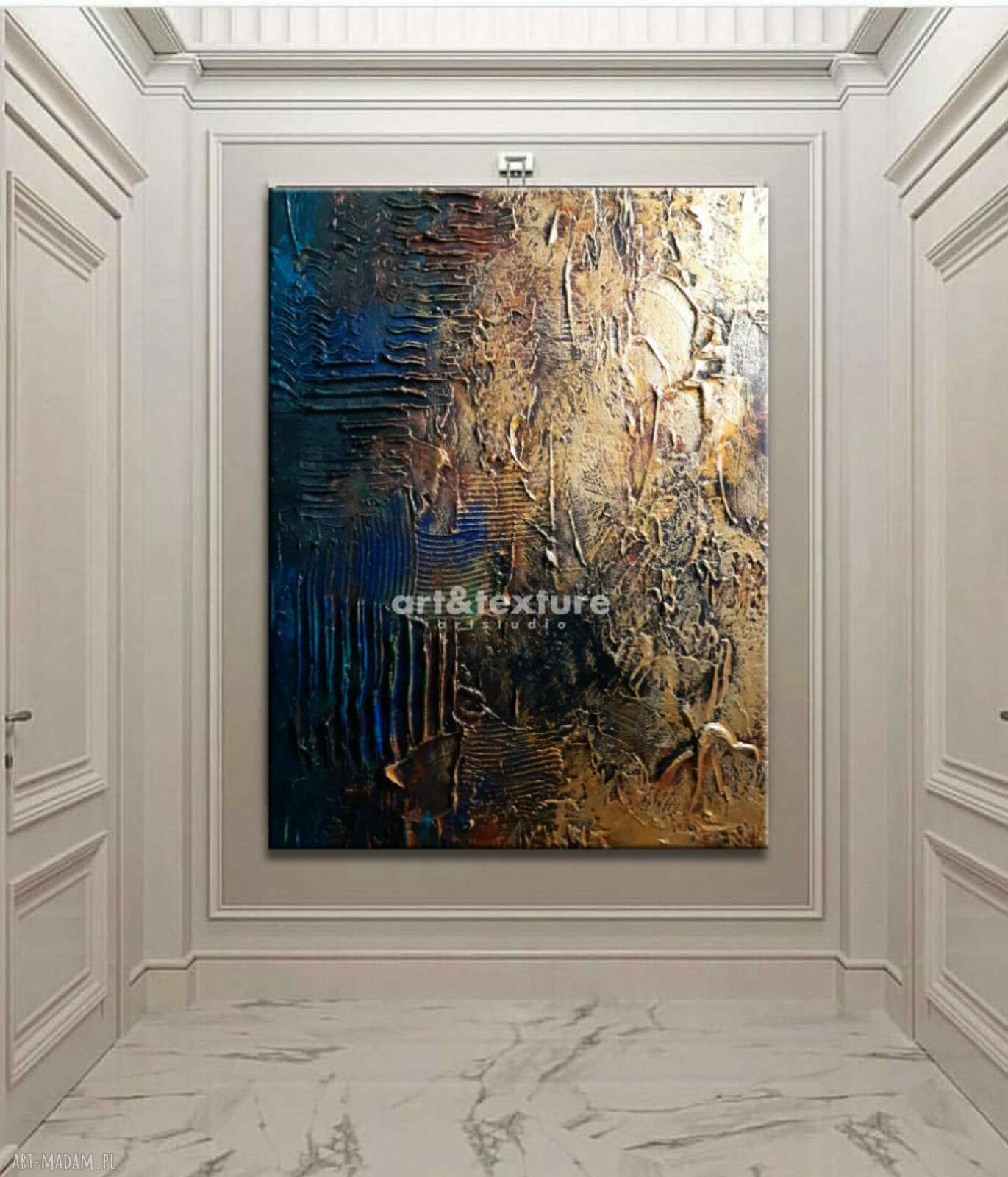 Duży obraz strukturalny 100x150 cm na płótnie - niebiesko-złota abstrakcja na pustą ścianę