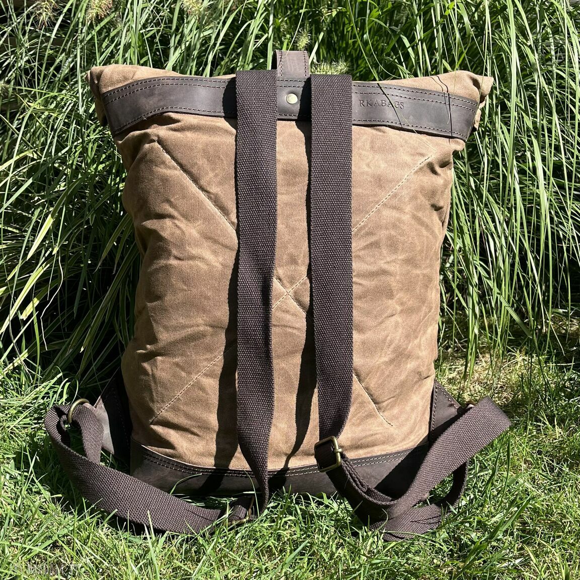 plecaki: Duży brązowy rolowany plecak z bawełny woskowanej i skóry Vintage. ręczne