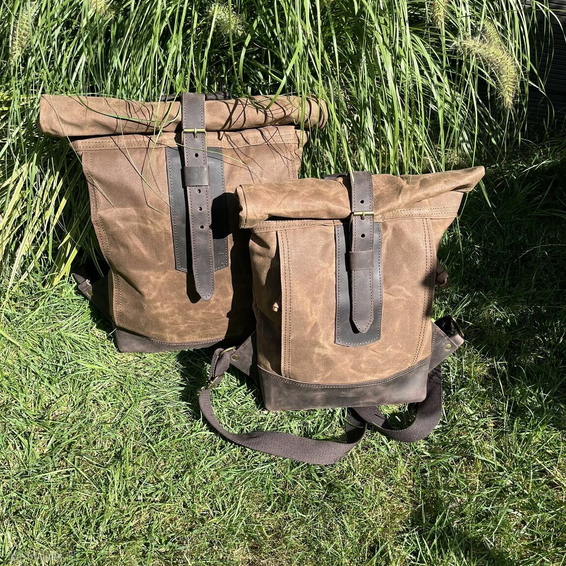 plecaki: Duży brązowy rolowany plecak z bawełny woskowanej i skóry Vintage. ręczne