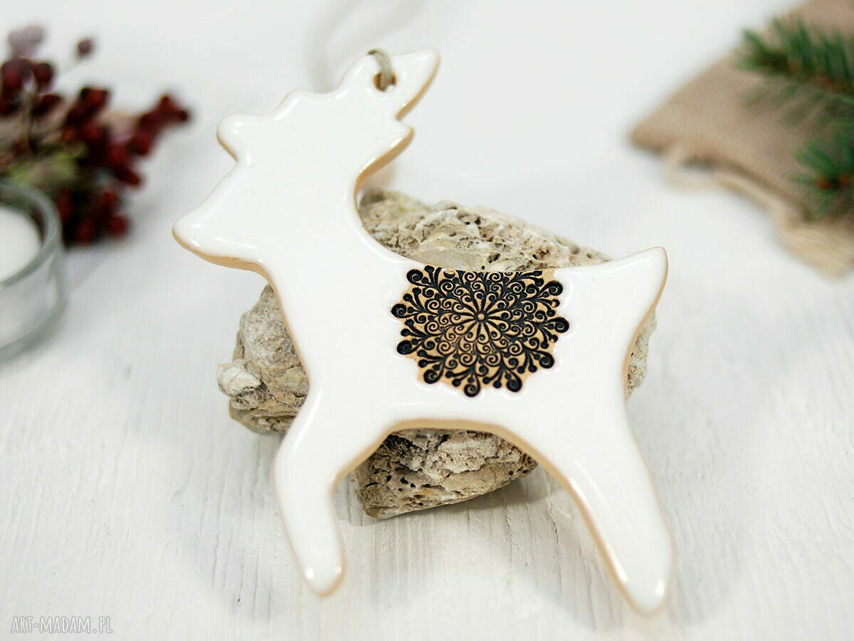 Duży ceramiczny renifer - biała ozdoba choinkowa handmade