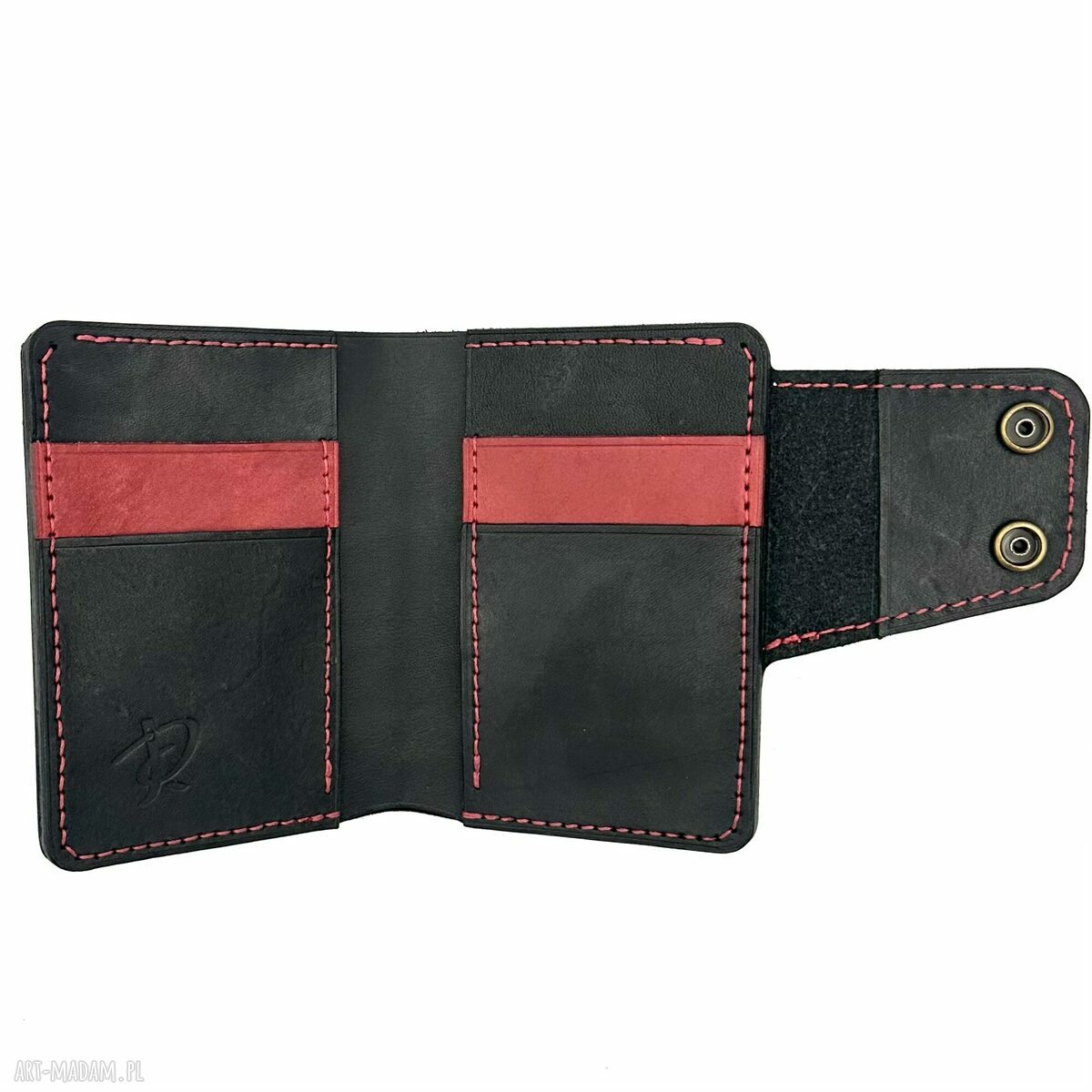 portfele: Duży czarny portfel z dodatkiem czerwieni ręcznie uszyty ze skóry garbowanej