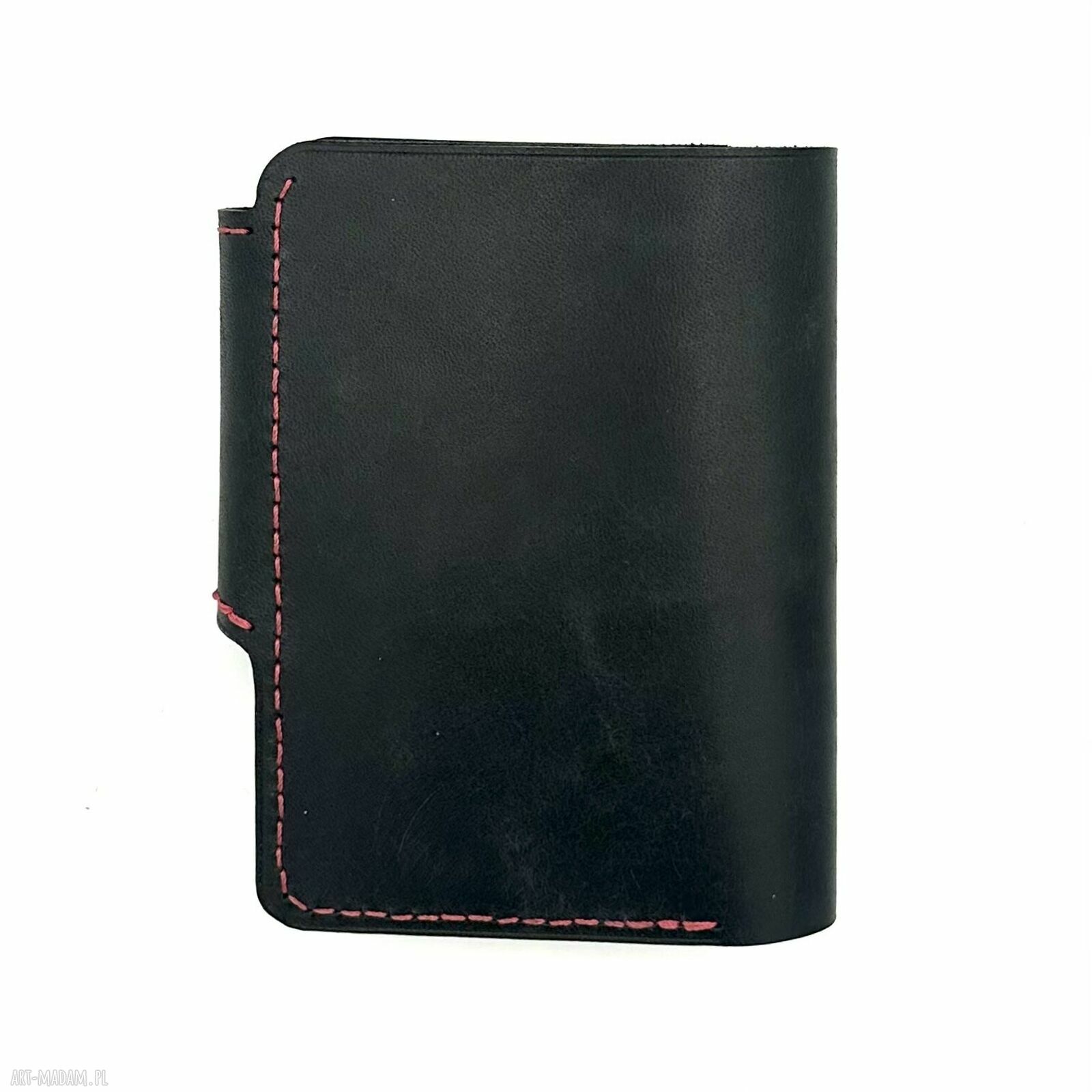 portfele: Duży czarny portfel z dodatkiem czerwieni ręcznie uszyty ze skóry garbowanej