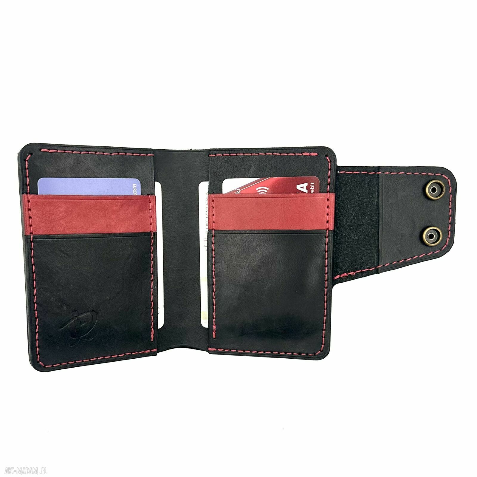 portfele: Duży czarny portfel z dodatkiem czerwieni ręcznie uszyty ze skóry garbowanej
