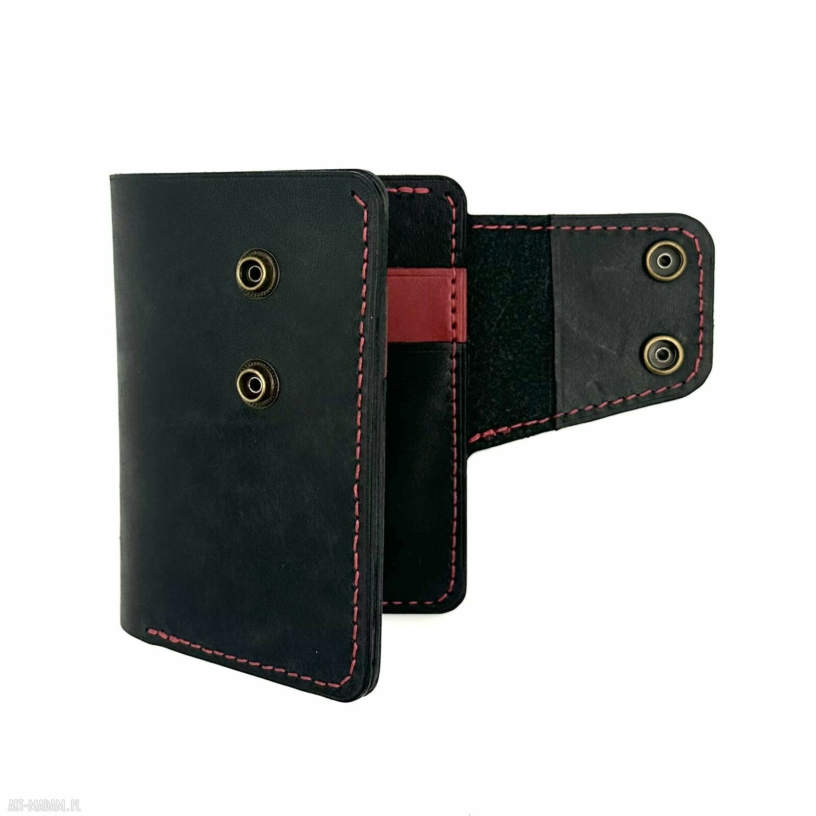 portfele: Duży czarny portfel z dodatkiem czerwieni ręcznie uszyty ze skóry garbowanej
