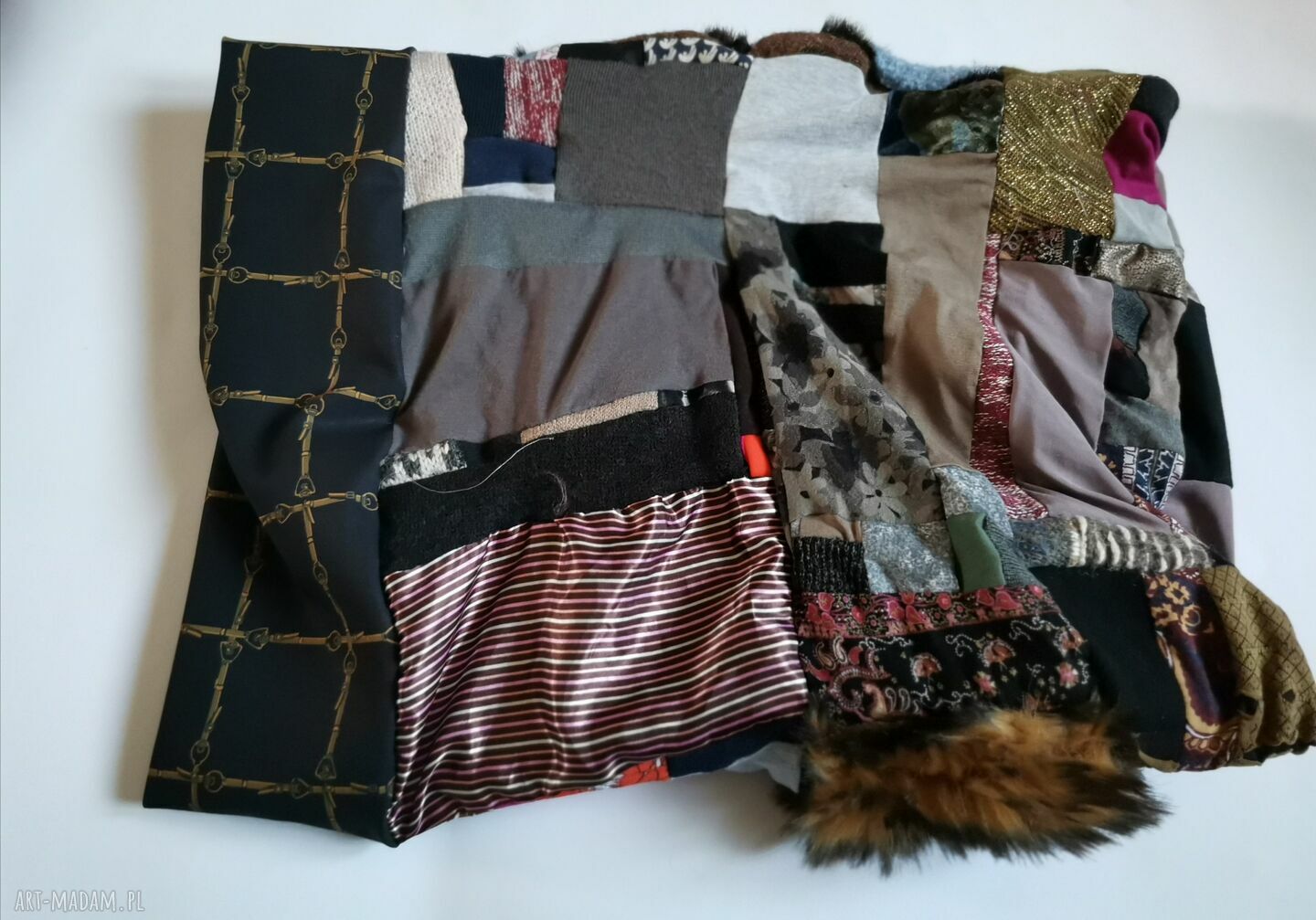 Duży komin patchworkowy etno boho na podszewce - ciepły i kolorowy