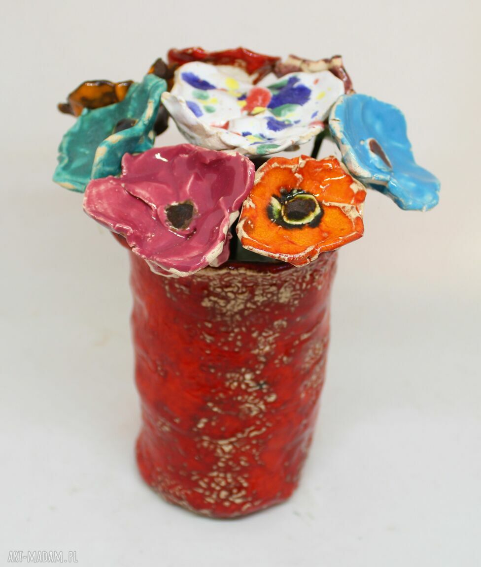 Duży komplet kwiatów ceramicznych i wazon handmade - 8 sztuk