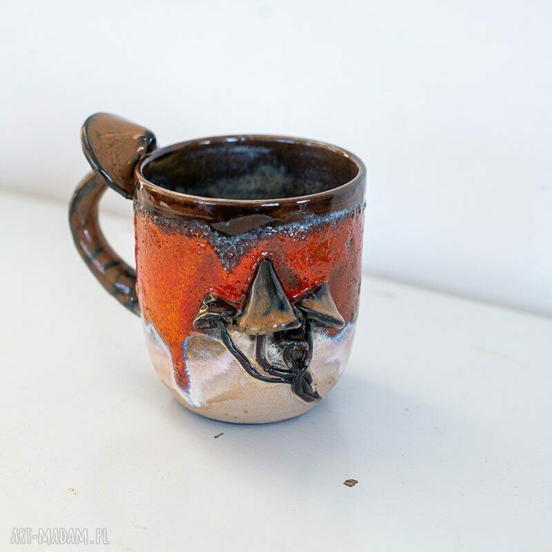 Duży kubek ceramiczny z grzybkami handmade - lawa beż, ok. 500 ml