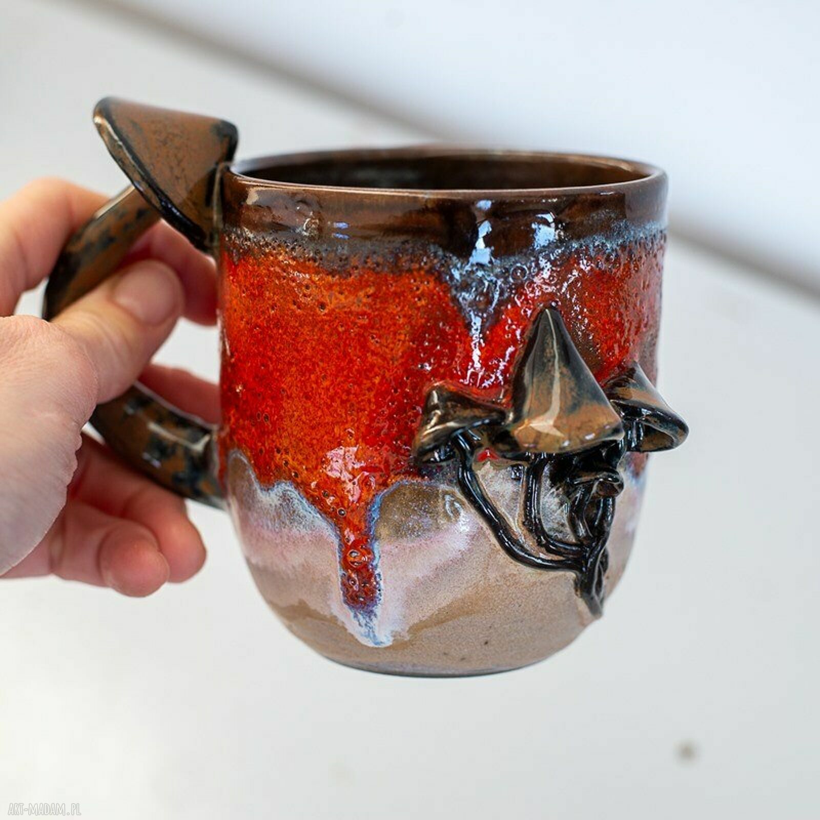 Duży kubek ceramiczny z grzybkami handmade - lawa beż, ok. 500 ml