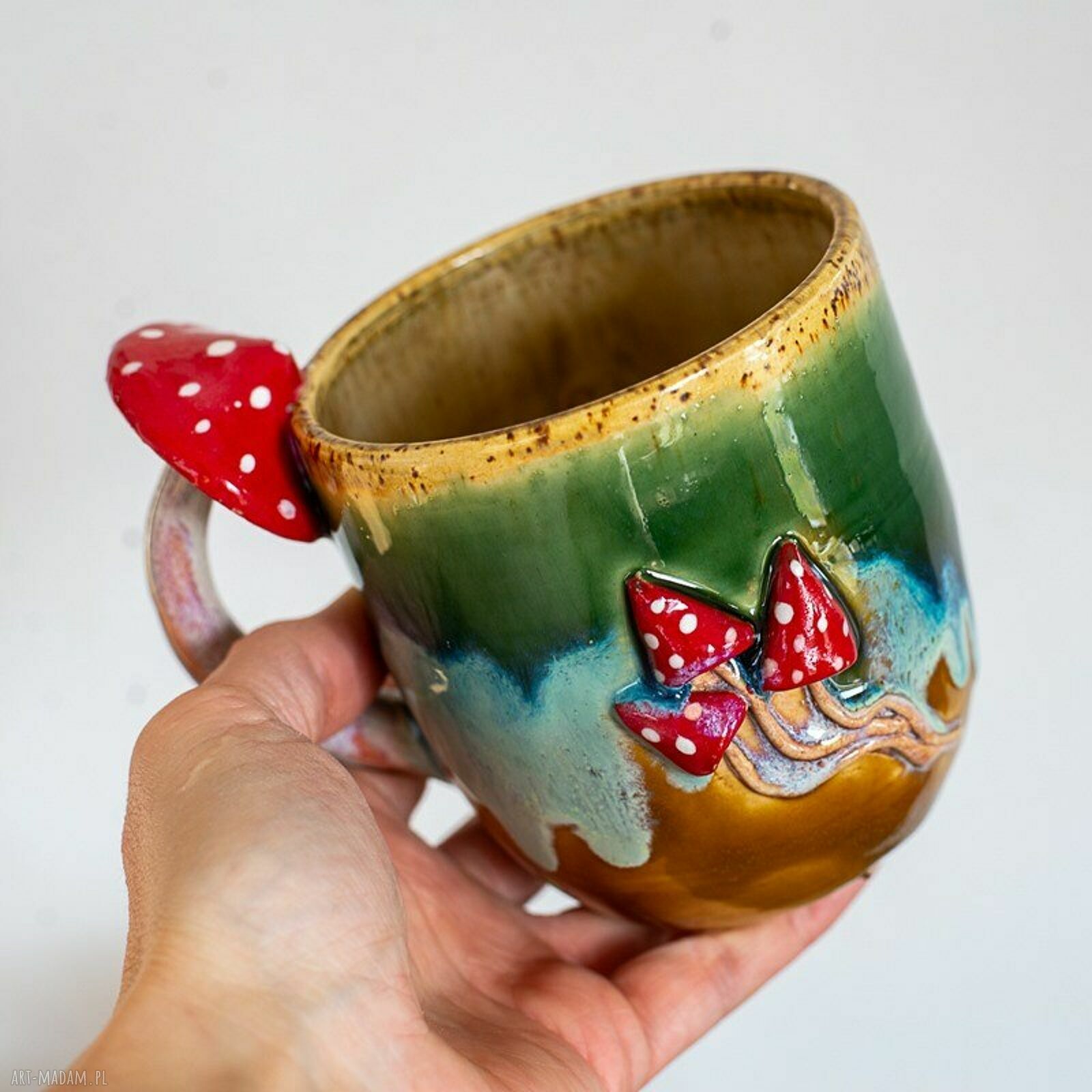 Duży kubek z muchomorem handmade Miodna łąka ok 500 ml