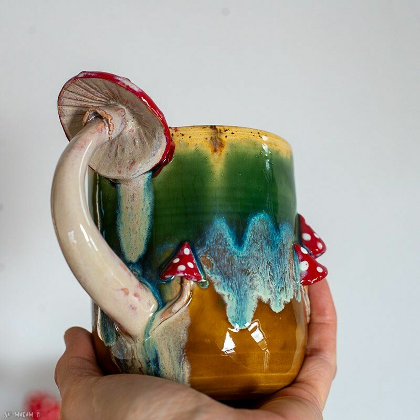 Duży kubek ceramiczny z muchomorem - Miodna łąka ok. 500 ml handmade