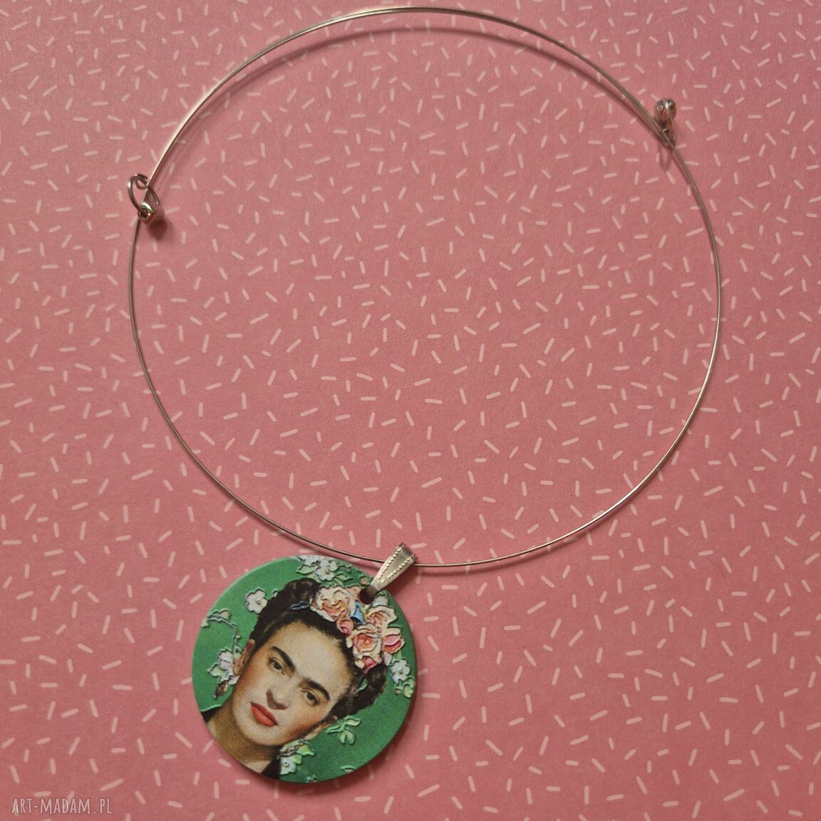 Duży naszyjnik typu obroża z wizerunkiem Fridy Kahlo - choker (zielony)