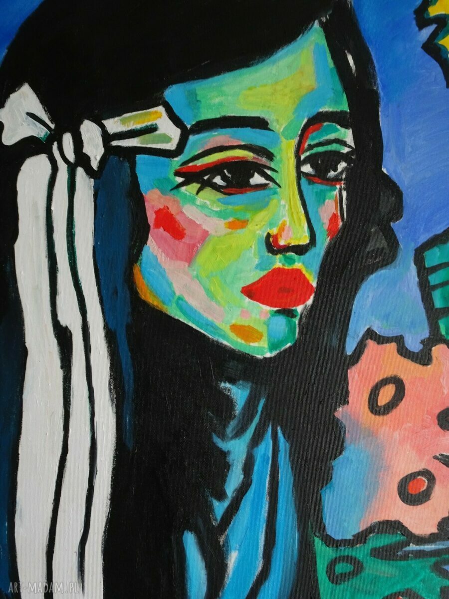Duży obraz olejny „Dziewczyna ze wstęgą” w stylu ekspresjonizmu (100x70 cm)