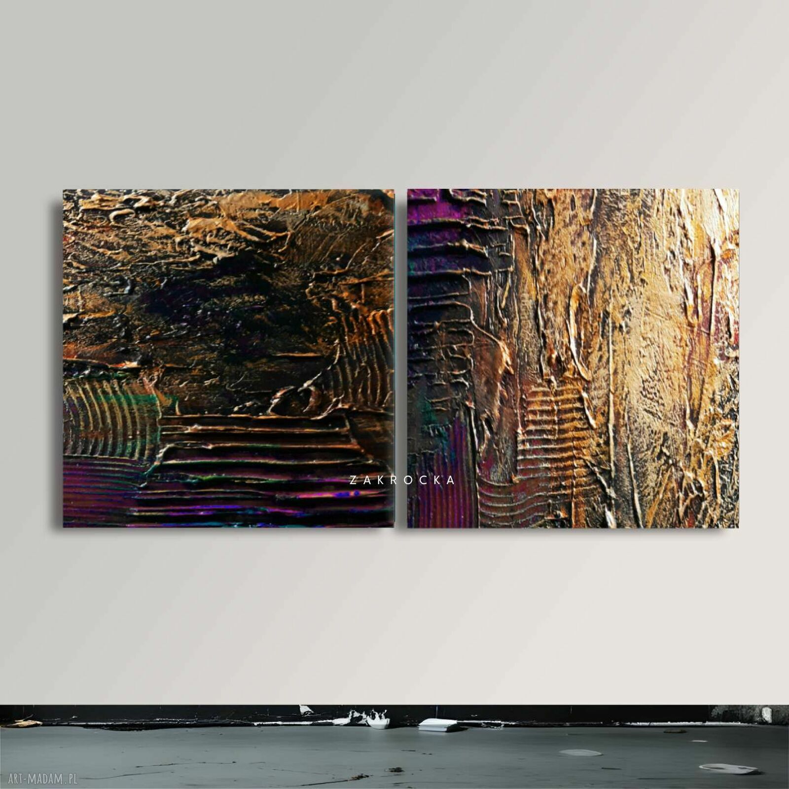 Duży obraz strukturalny metaliczny dyptyk „Śliwka w złocie” 2 szt. 120 x 120 cm