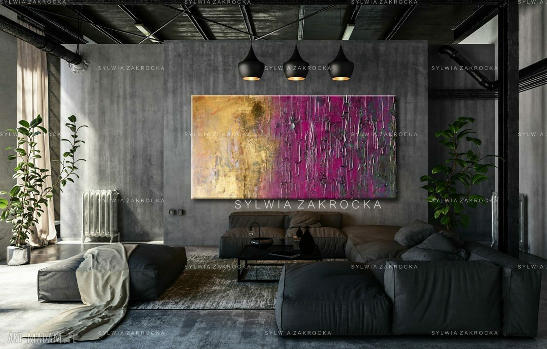 Duży obraz do salonu fioletowo-złoty Ambaras 80x170 cm - strukturalny na płótnie