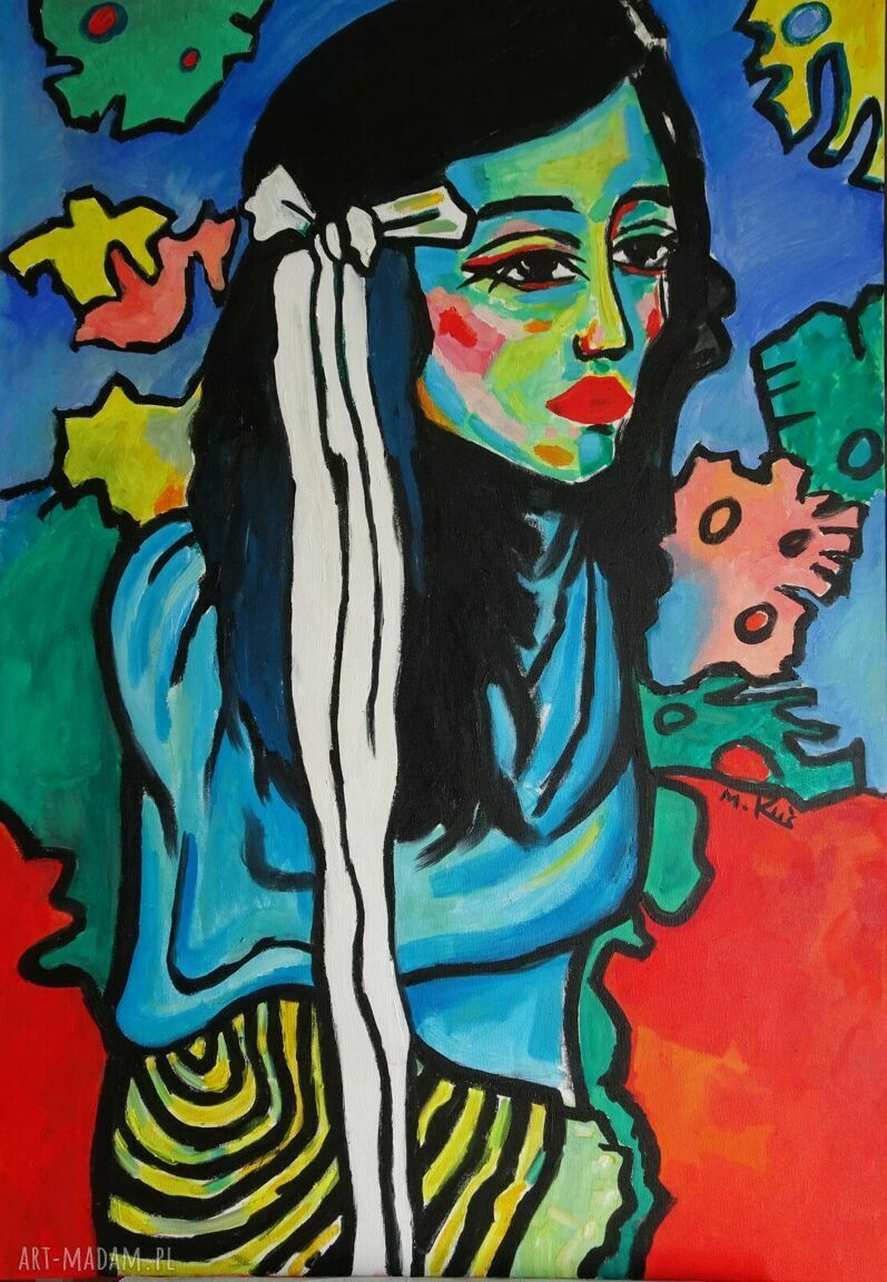 Duży obraz olejny „Dziewczyna ze wstęgą” w stylu ekspresjonizmu (100x70 cm)