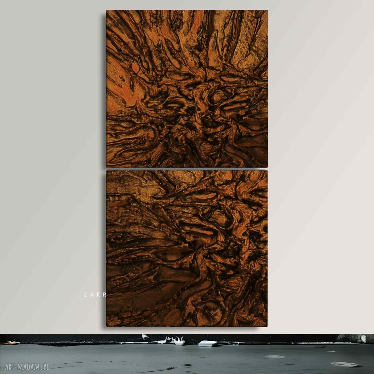Duży obraz strukturalny dyptyk 2 części 100x100 cm - brązowa abstrakcja