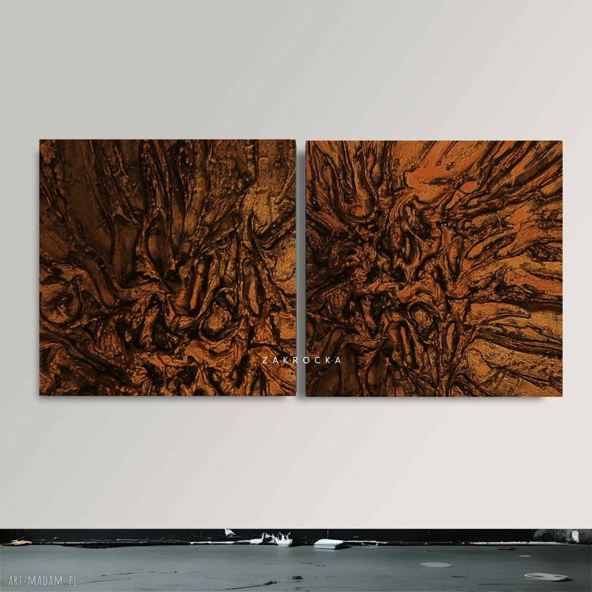 Duży obraz strukturalny dyptyk 2 części 100x100 cm - brązowa abstrakcja