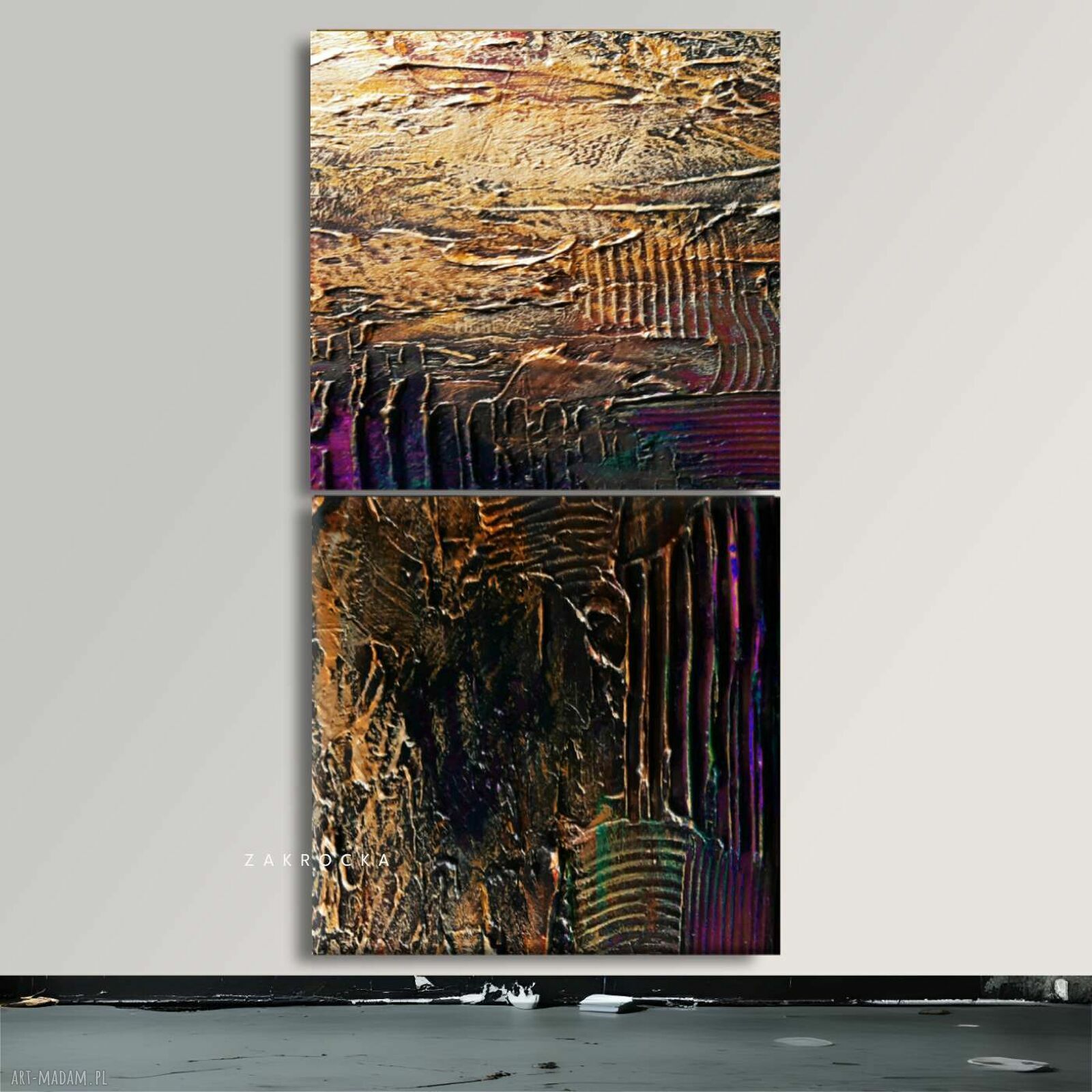 Duży obraz strukturalny metaliczny dyptyk „Śliwka w złocie” 2 szt. 120 x 120 cm